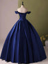 Blue Satin Off Shoulder Sweetheart Floor Length Prom Dress, Blue Satin Evening Dress